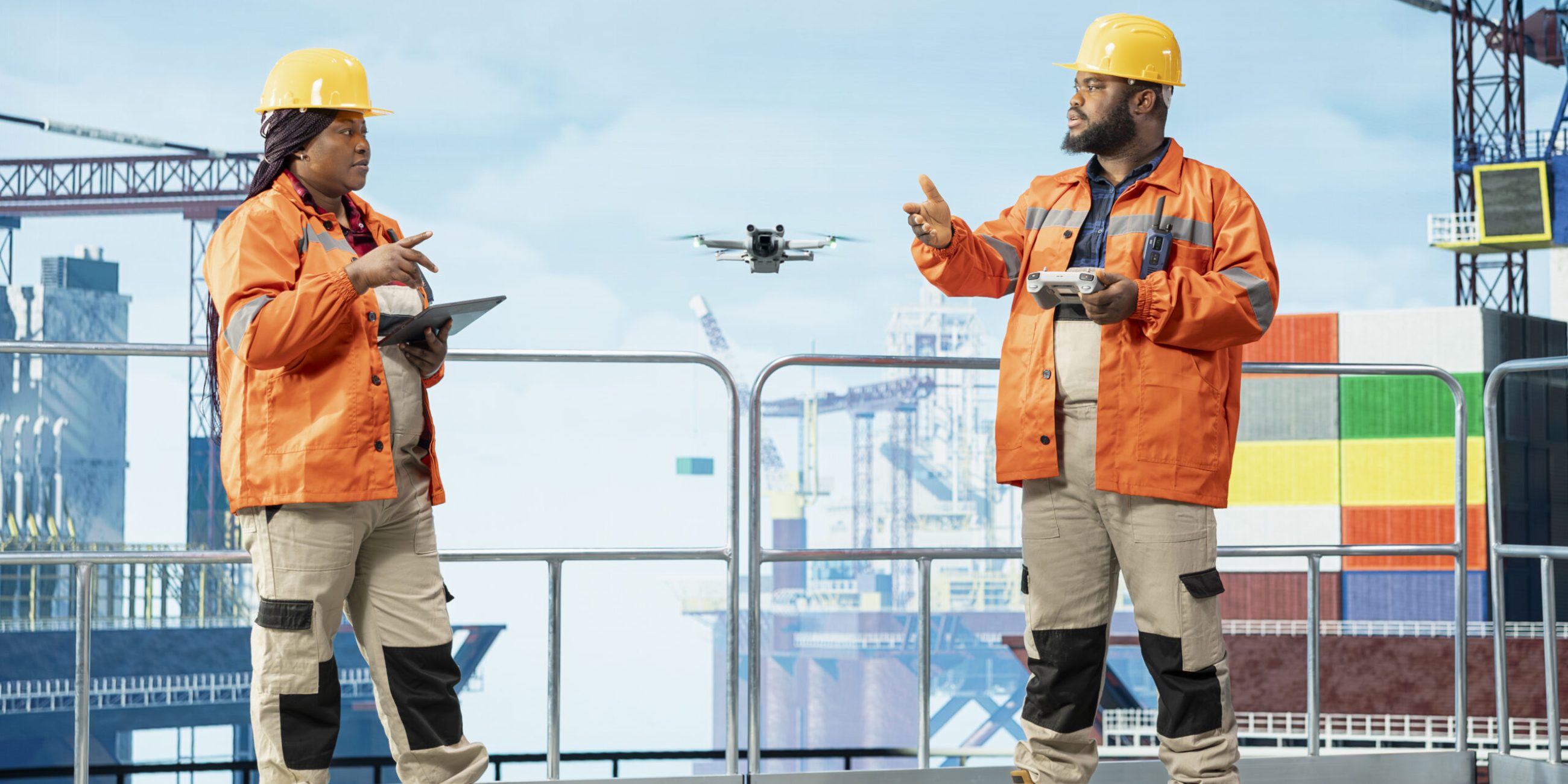 Worker using automated drone system to inspect integrity of offshore platform infrastructure. Drilling rig employee using aerial photography technology to detect malfunction in subsea pipelines